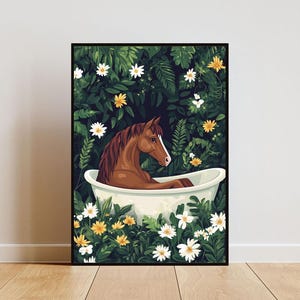 Póster de caballo en la bañera, póster de animal divertido, impresión de caballo en el baño, póster de caballo en el baño, arte de pared de animales para el baño, impresión de animal, póster de caballo