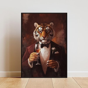 Póster de tigre con esmoquin, póster de animales, impresión de tigre con traje, retrato de tigre, póster de animales para sala de estar, impresión divertida de tigre, póster de tigre