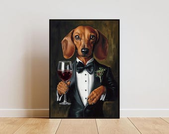 Dachshund In Tuxedo Poster, Poster, Dachshund In Suit Print, Dog Wall Art, Dachshund Portrait, Dog Living Room Poster, Funny Dachshund Art