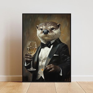 Póster de nutria con esmoquin, póster de animales, impresión de nutria con traje, retrato de nutria, póster de animales para sala de estar, impresión divertida de nutria, póster de nutria