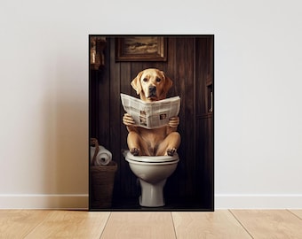 May include: A golden retriever dog sits on a white toilet, reading a newspaper. The dog is in a bathroom with wood paneling and a brown wicker basket.