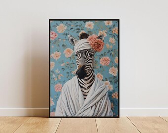 Zebra In Bathrobe Poster, Animal Poster, Zebra Bathroom Print, Animal Wall Art, Zebra Portrait, Animal Bathroom Poster, Funny Zebra Poster