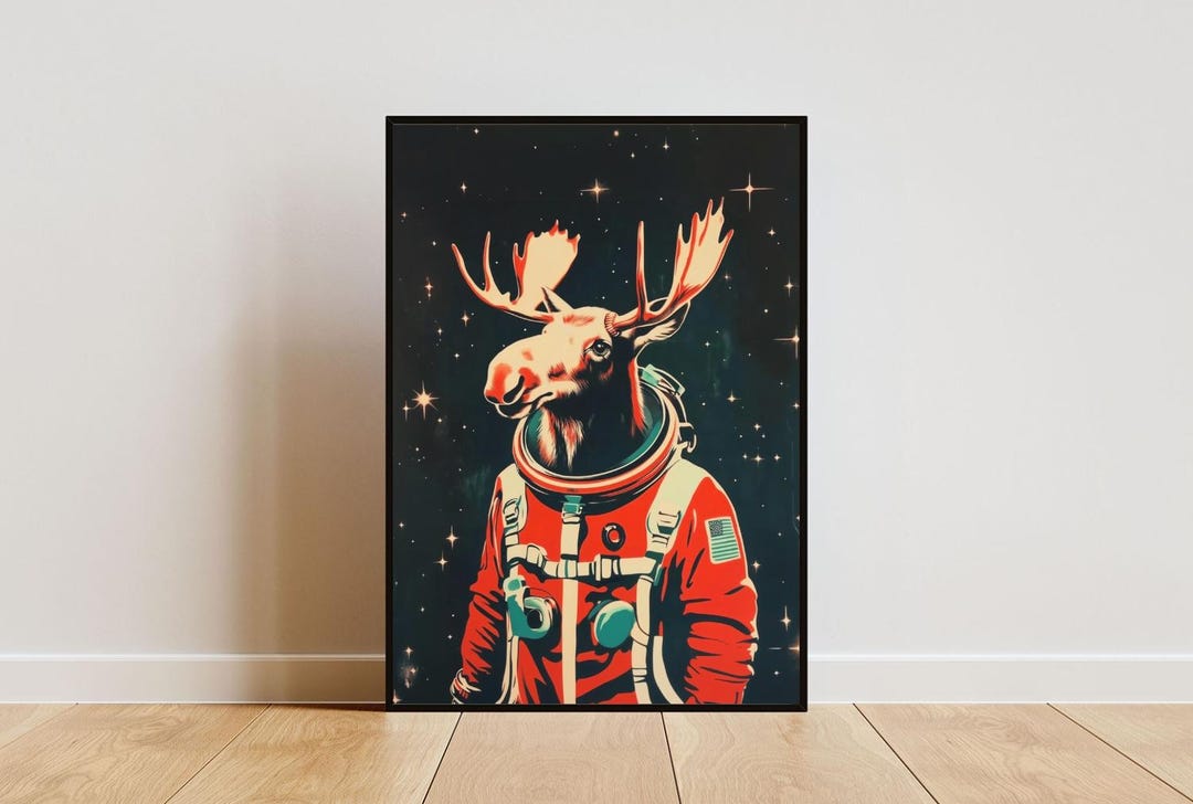 Moose Astronaut Poster, Moose Retro Print, Moose Portrait, Animal Retro ...