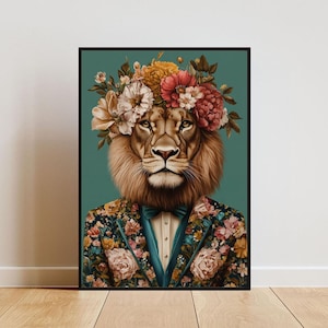Póster de león con traje, retrato de león, pintura al óleo de león, póster de cuerpo humano con cabeza de animal, póster divertido de animales, impresión de animales, arte de pared de león