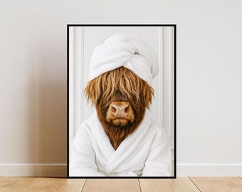 Funny Highland Cow Bathroom Print, Highland Cow In Bathrobe Poster, Cute Bathroom Prints, Funny Bathroom Print, Animal Towel On Head Poster