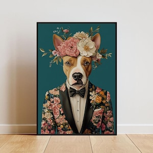Bull Terrier In Suit Poster, Bull Terrier Portrait, Bull Terrier Oil Painting, Animal Head Human Body Poster, Funny Dog Poster, Pet Wall Art