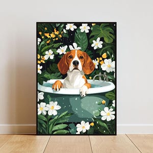 Beagle in bad poster, poster grappige hond, poster beagle badkamer, poster beagle badkamer, poster beagle bad, poster huisdier, poster hond badkamer, grappige beagle kunst