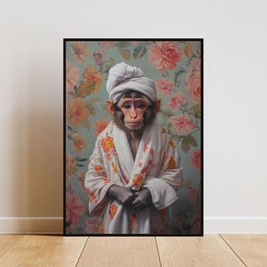 Cartel de mono en albornoz, cartel de animales, impresión de baño de mono, arte de pared de animales, retrato de mono, cartel de baño de animales, arte de mono divertido