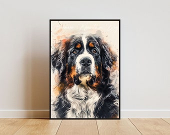 Puede incluir: Una pintura de acuarela de un perro de montaña bernés con pelaje negro, blanco y marrón. El perro está mirando directamente al espectador con una expresión seria. El fondo es una lavada de acuarela de color naranja claro y blanco.