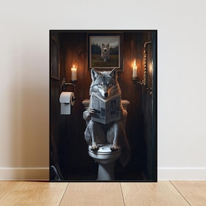 Wolf On Toilet Poster, Animal Poster, Wolf Bathroom Print, Animal Toilet Wall Art, Wolf Portrait, Animal Bathroom Poster, Wolf Print