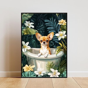 Chihuahua In Bathtub Poster, Funny Dog Poster, Chihuahua Bathroom Print, Chihuahua Bath Poster, Pet Poster, Dog Bathroom Wall Art, Funny Art