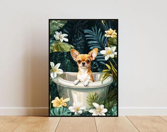 Chihuahua In Bathtub Poster, Funny Dog Poster, Chihuahua Bathroom Print, Chihuahua Bath Poster, Pet Poster, Dog Bathroom Wall Art, Funny Art