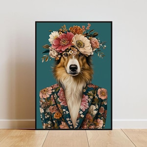 Collie In Suit Poster, Collie Portrait, Collie Oil Painting, Animal Head Human Body Poster, Funny Dog Poster, Pet Wall Art, Collie Print