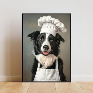 Może przedstawiać: Czarno-biały border collie w białym czepku kucharza i fartuchu. Pies patrzy prosto na widza z radosnym wyrazem twarzy.
