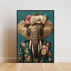 Póster de elefante con traje, retrato de elefante, pintura al óleo de elefante, póster de cuerpo humano con cabeza de animal, póster divertido de animales, impresión de animales