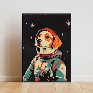 Pôster de astronauta Brittany Spaniel, impressão retrô Brittany, retrato Brittany, pôster espacial retrô de cachorro, pôster engraçado de cachorro, arte no estilo Andy Warhol