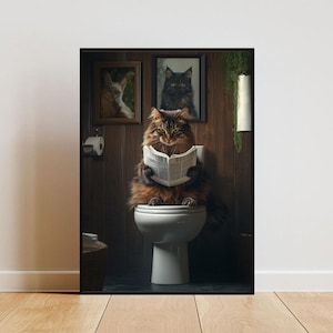 Norwegische Waldkatze auf Toilette Poster, Katzen Poster, Norwegische Waldkatze Badezimmer Druck, Norwegische Waldkatze Portrait, Katzen Badezimmer Poster