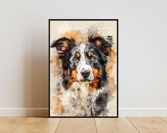 Può includere: Dipinto ad acquerello di un cane pastore australiano con pelo nero, bianco e marrone. Il cane guarda direttamente lo spettatore con un'espressione seria. Lo sfondo è marrone chiaro con spruzzi di arancione e giallo.