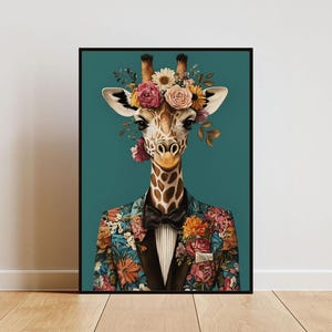 Póster de jirafa con traje, retrato de jirafa, pintura al óleo de jirafa, póster de cuerpo humano con cabeza de animal, póster divertido de animales, impresión de animales, jirafa