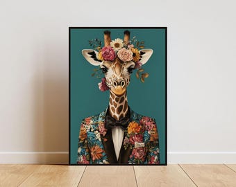 Giraffe In Suit Poster, Giraffe Portrait, Giraffe Oil Painting, Animal Head Human Body Poster, Funny Animal Poster, Animal Print, Giraffe