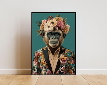Monkey In Suit Poster, Monkey Portrait, Monkey Oil Painting, Animal Head Human Body Poster, Funny Animal Poster, Animal Print, Monkey Print
