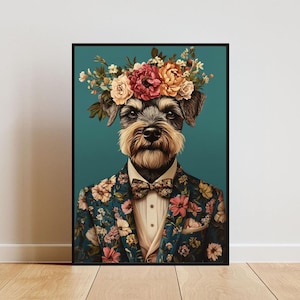 Miniature Schnauzer In Suit Poster, Miniature Schnauzer Portrait, Miniature Schnauzer Oil Painting, Animal Head Human Body Poster, Dog Print