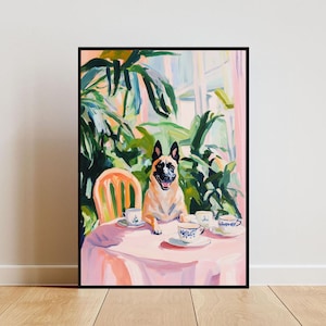Retro Belgian Malinois Poster, Belgian Malinois Oil Painting, Vintage Belgian Malinois Poster, Dog Dining Room Wall Art, Retro Dog Poster