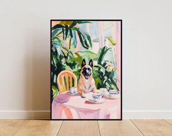 Retro Belgian Malinois Poster, Belgian Malinois Oil Painting, Vintage Belgian Malinois Poster, Dog Dining Room Wall Art, Retro Dog Poster