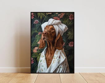 Ierse setter in badjas poster, hond poster, Ierse setter badkamer print, hond kunst aan de muur, portret Ierse setter, huisdier, hond badkamer poster