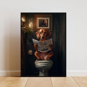 Dachshund On Toilet Poster, Dog Poster, Dachshund Bathroom Print, Toilet Wall Art, Dachshund Portrait, Dog Bathroom Poster, Dachshund Toilet