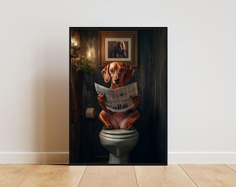 Dackel auf Toilette Poster, Hunde Poster, Dackel Badezimmer Druck, Toilettenwandkunst, Dackel Portrait, Hunde Badezimmer Poster, Dackel Toilette