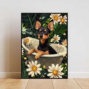Miniature Pinscher In Bathtub Poster, Funny Dog Poster, Miniature Pinscher Bathroom Print, Miniature Pinscher Bath Poster, Bathroom Wall Art