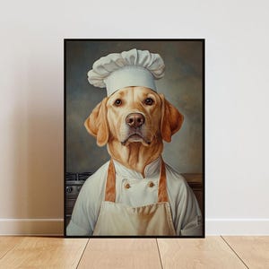 May include: A painting of a golden retriever wearing a white chef's hat and apron. The dog is looking directly at the viewer with a serious expression.