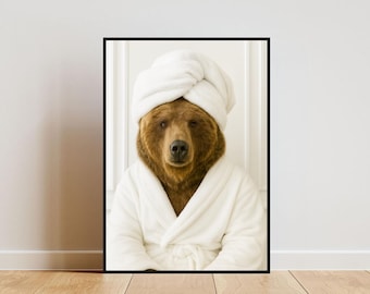 Funny Bear Bathroom Print, Bear In Bathrobe Poster, Cute Animal Art, Funny Bathroom Print, Animal Towel On Head Poster, Animal Wall Art