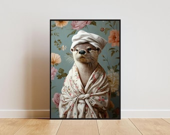 May include: A brown and gray otter wearing a white towel on its head and a floral robe. The otter is standing in front of a blue and green background with floral patterns.