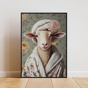 Cartel de ovejas en albornoz, cartel de animales, impresión de baño de ovejas, arte de pared de animales, retrato de ovejas, cartel de baño de animales, cartel de ovejas divertidas