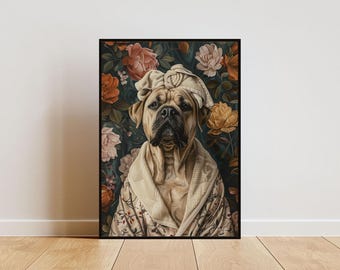 Mastiff In Bathrobe Poster, Dog Poster, English Mastiff Bathroom Print, Dog Wall Art, Mastiff Portrait, Pet Poster, Dog Bathroom Poster, Dog
