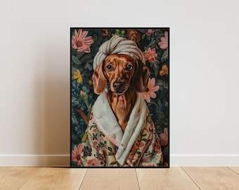 Dackel im Bademantel Poster, Hunde Poster, Dackel Badezimmer Poster, Hunde Wandkunst, Dackel Portrait, Haustier Poster, Hund Badezimmer Poster, Hund