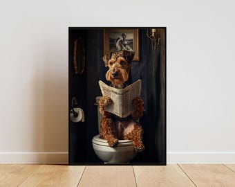 Airedale Terrier On Toilet Poster, Dog Poster, Airedale Terrier Bathroom Print, Dog Wall Art, Airedale Terrier Portrait, Dog Bathroom Poster