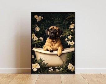 Mastiff In Bathtub Poster, Funny Dog Poster, Mastiff Bathroom Print, Mastiff Bath Poster, Pet Poster, Dog Bathroom Wall Art, Funny Poster