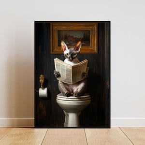 Cornish Rex på toaletten-poster, kattposter, Cornish Rex badrumstryck, väggkonst med katttoalett, Cornish Rex-porträtt, kattbadrumposter, katt