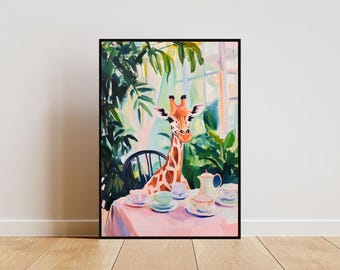 Póster retro de jirafa, pintura al óleo de jirafa, póster vintage de jirafa, arte mural de animales para comedor, póster retro de animales, arte mural divertido de jirafa
