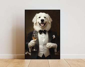 Póster de Gran Pirineo con esmoquin, mascota, impresión de Gran Pirineo con traje, retrato de Gran Pirineo, póster de perro para sala de estar, arte divertido de Gran Pirineo
