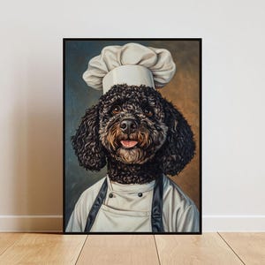 Portuguese Water Dog In Chefs Hat Poster, Pet Poster, Portuguese Water Dog In Apron Print, Funny Dog Wall Art, Portrait, Dog Kitchen Poster