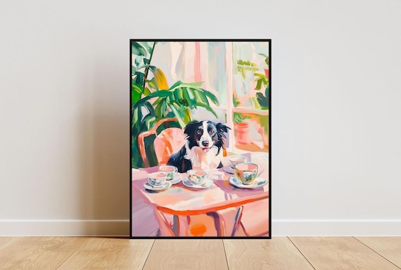 Retro Border Collie Poster, Border Collie Oil Painting, Vintage Border Collie Poster, Dog Dining Room Wall Art, Retro Dog Poster, Pet Poster