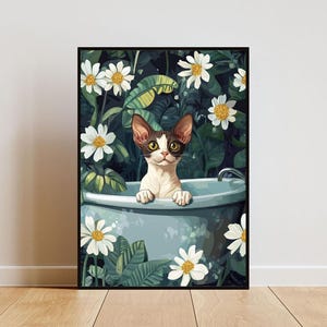 Cornish Rex i badkar-affisch, rolig kattaffisch, Cornish Rex badrumstryck, Cornish Rex badaffisch, husdjursaffisch, väggkonst för kattbadrum