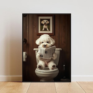 Bichon Frise On Toilet Poster, Dog Poster, Bichon Frise Bathroom Print, Dog Toilet Wall Art, Bichon Frise Portrait, Dog Bathroom Poster