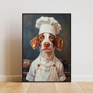 Pôster de Spaniel Brittany com chapéu de chef, pôster de animal de estimação, impressão de Brittany em avental, arte de parede de cachorro engraçado, retrato de Brittany, pôster de cozinha de cachorro, animal