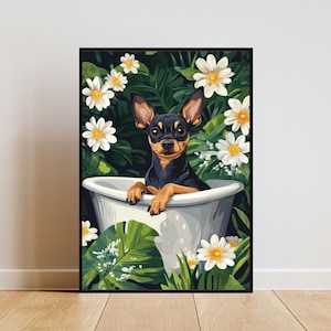 Miniature Pinscher In Bathtub Poster, Funny Dog Poster, Miniature Pinscher Bathroom Print, Miniature Pinscher Bath Poster, Bathroom Wall Art