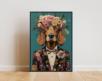 Ierse setter in pak poster, portret Ierse setter, Ierse setter olieverfschilderij, poster dierenkop menselijk lichaam, poster grappige hond, poster grappige hond, huisdier afdrukken